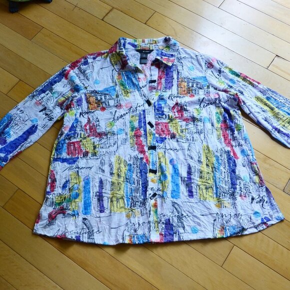 Ali Miles Art Wear Stretch Knit Button Up Shirt Short Sleeve City Print Size 1X - Picture 1 of 13